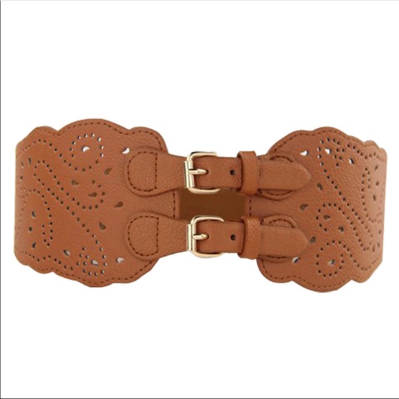 Tan Laser Cut Double Buckle Belt - Picture 3 of 8